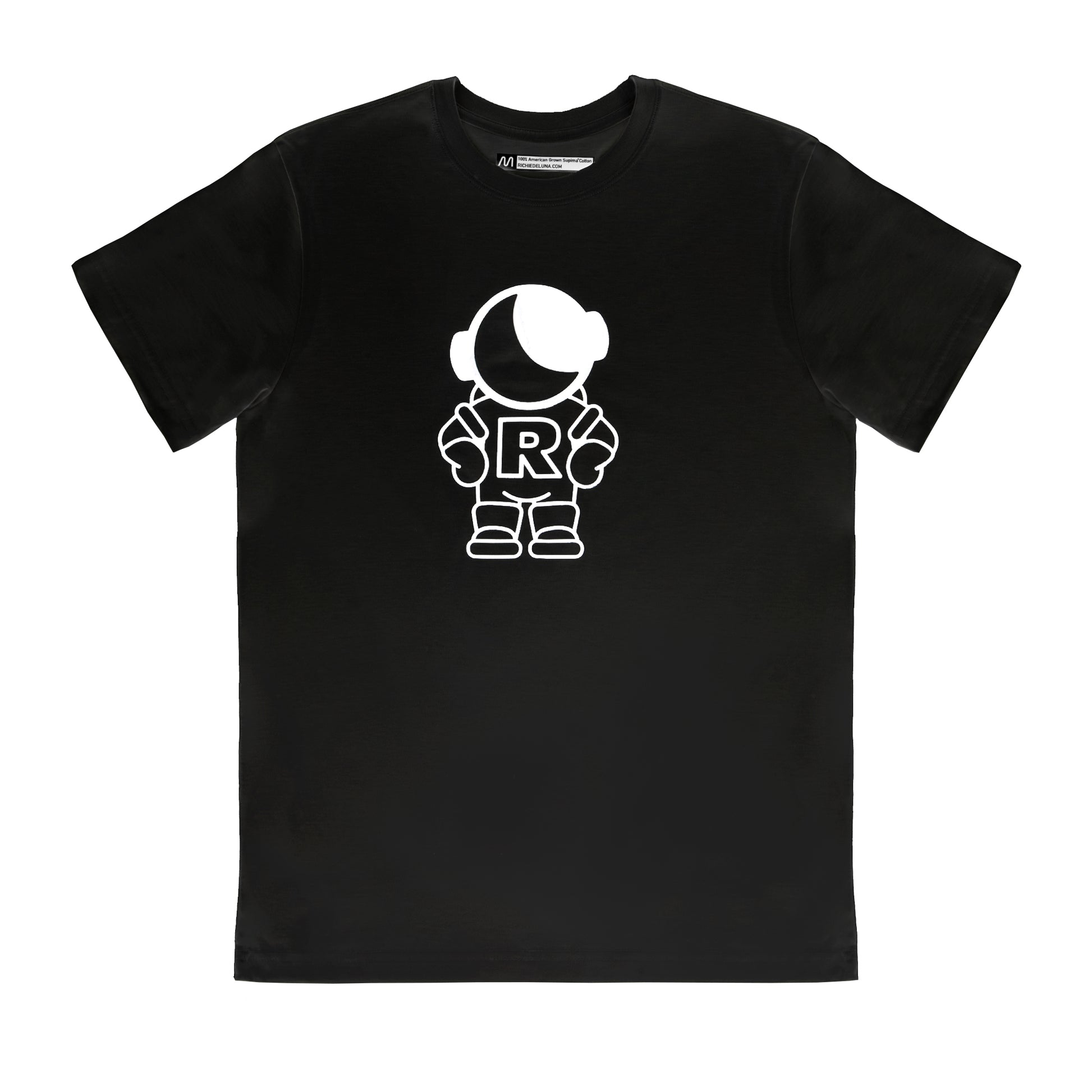 Black t-shirt with a white astronaut graphic on a white background
