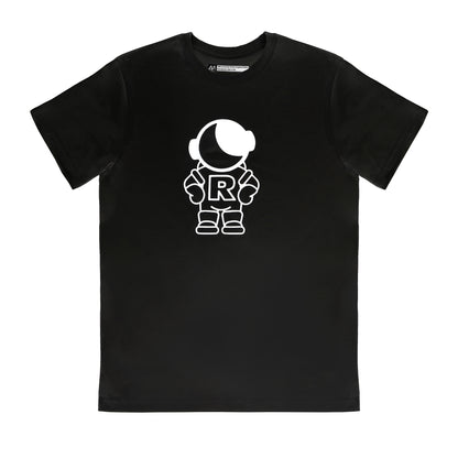 Black t-shirt with a white astronaut graphic on a white background