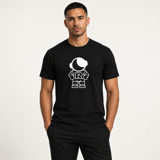 Latino model wearing the Richie Deluna SUPIMA cotton logo T-shirt in Stellar Black